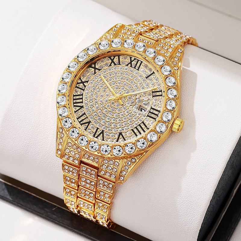 New Rhinestone Steel Watch Calendar Roman Starry Quartz Watch
