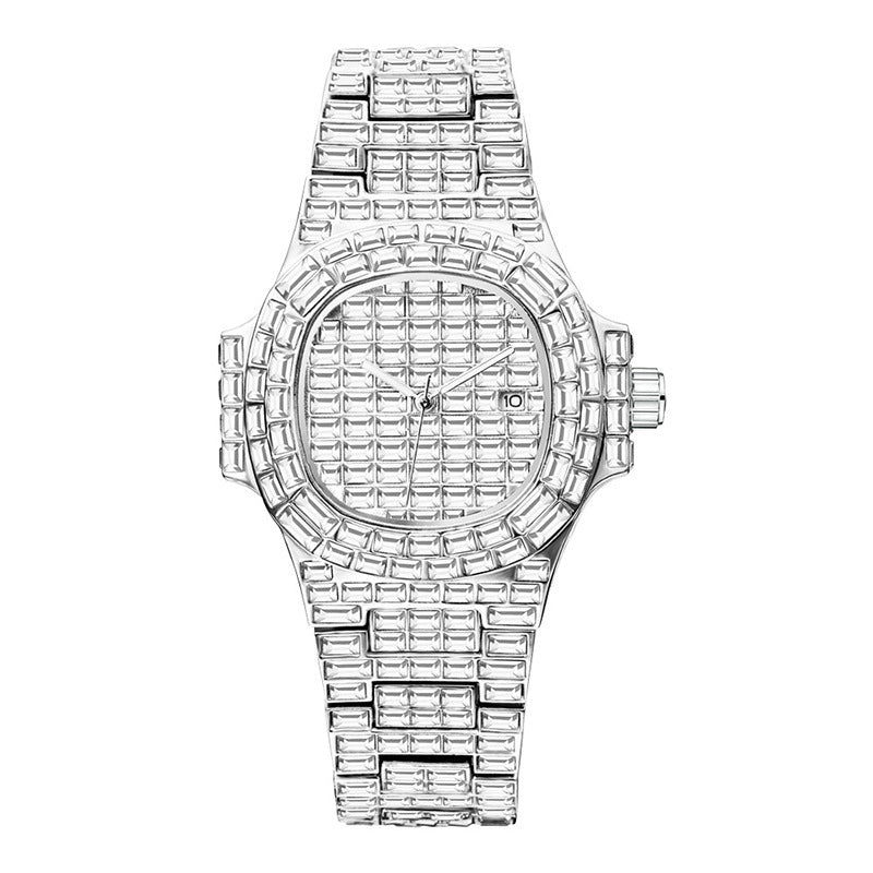 Full Square Diamond Casual Trend Waterproof Calendar Quartz Watch